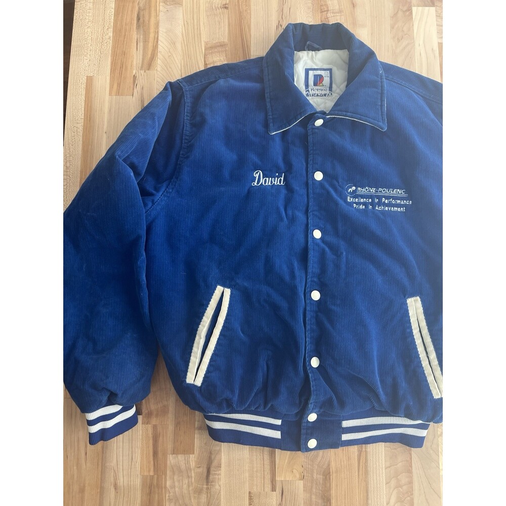 70 s Rennoc Corduroy Bomber Work Coat Embroidered David Big Island Mine Blue L - Picture 2 of 12